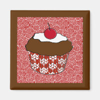 Chocolate Cupcake on Red and White Pattern