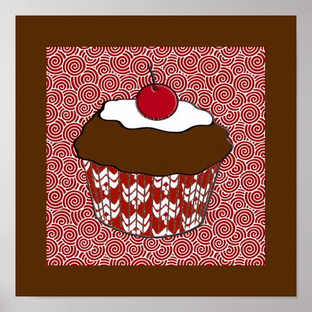 Chocolate Cupcake on Red and White Pattern Poster (Front)
