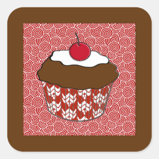 Chocolate Cupcake on Red and White Pattern Square Sticker