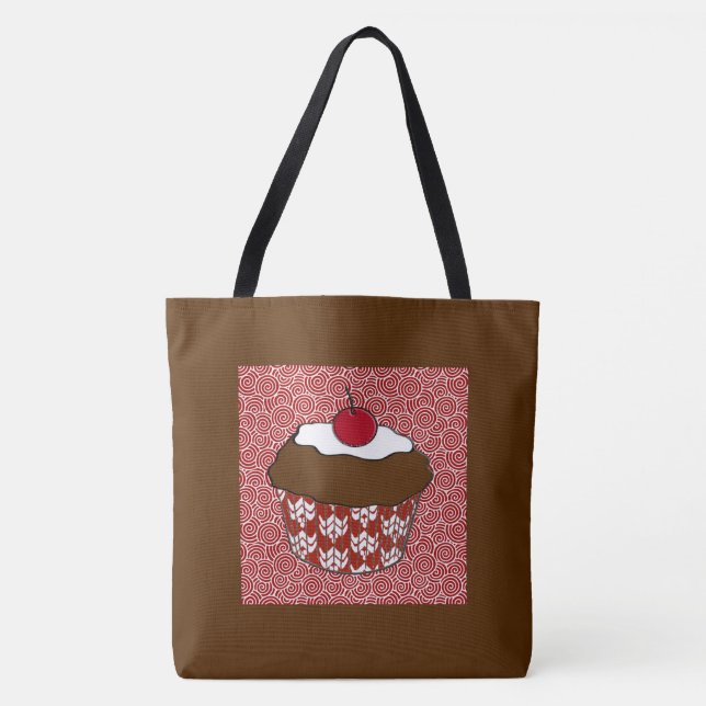 Chocolate Cupcake on Red and White Pattern Tote Bag (Front)
