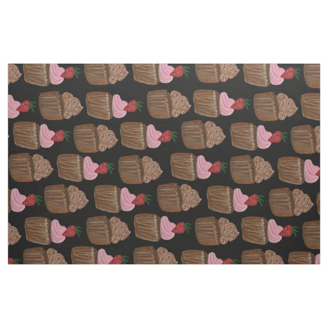 Chocolate Cupcake Strawberry Pattern Black Fabric (Fat Quarter)