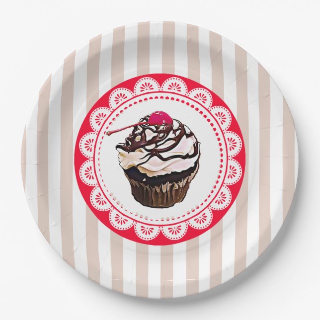 Chocolate Cupcake with Cherry Paper Plates (Front)