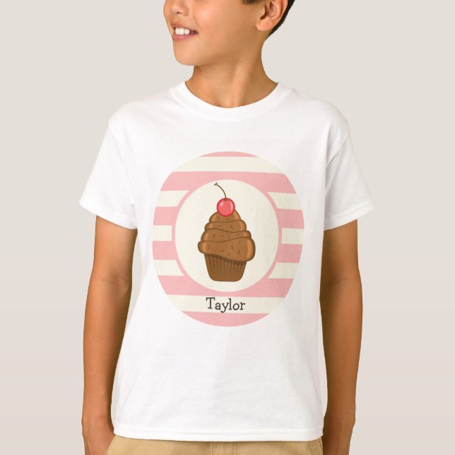 Chocolate Cupcake with Cherry & Pink Stripes T-Shirt (Front)