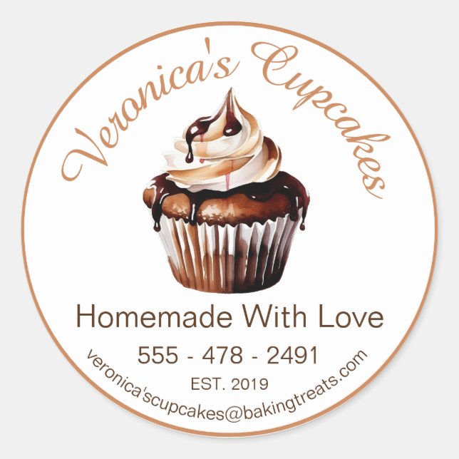 Chocolate Cupcake With Contact Details Classic Round Sticker (Front)
