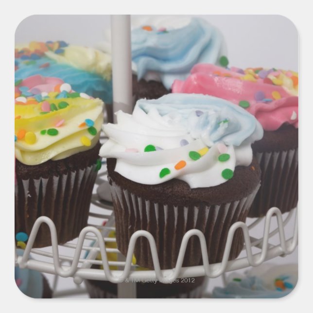 Chocolate cupcakes on a cake stand 2 square sticker (Front)