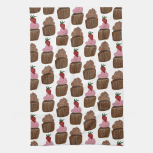 Chocolate Cupcakes Watercolor Pattern Tea Towel