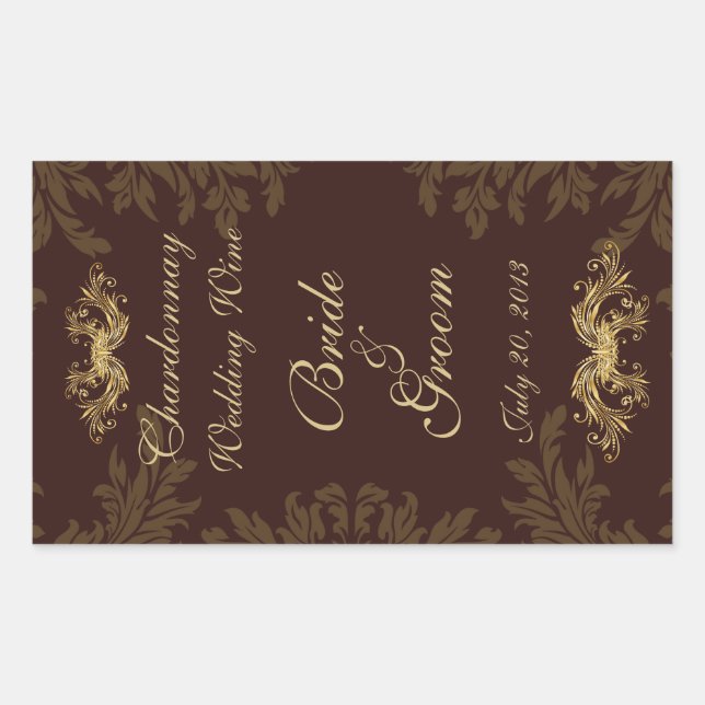 Chocolate Damask 2 Wedding Wine Label Sticker (Front)