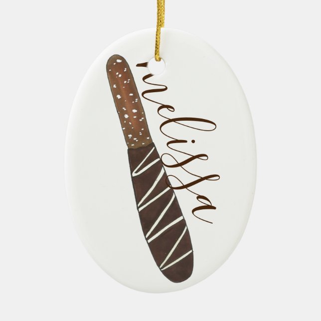 Chocolate Dipped Pretzel Rod Chocolatier Bakery Ceramic Ornament (Front)