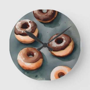 Chocolate Donuts Watercolor Round Clock