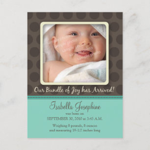 Chocolate Dots Baby Birth Announcement (aqua) Postcard