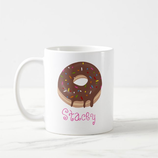 Chocolate Doughnut Custom Pink Name Coffee Coffee Mug (Left)