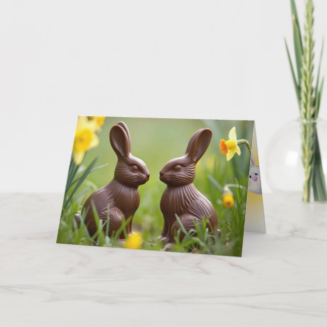 Chocolate Easter Bunnies With Daffodils Card (Front)
