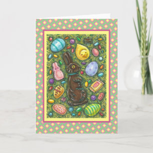 CHOCOLATE EASTER BUNNY, CHICK, EGGS, JELLY BEANS HOLIDAY CARD