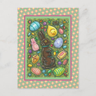 CHOCOLATE EASTER BUNNY, CHICK, EGGS, JELLY BEANS HOLIDAY POSTCARD