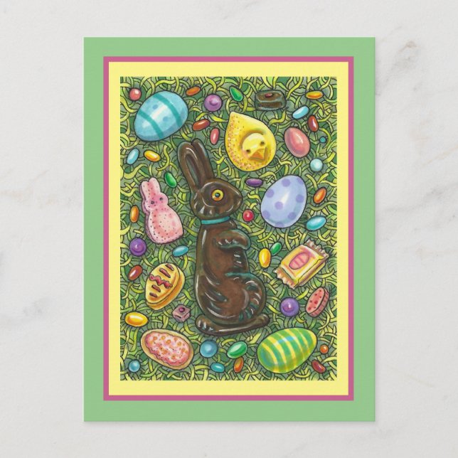 CHOCOLATE EASTER BUNNY, CHICK, EGGS, JELLY BEANS HOLIDAY POSTCARD (Front)