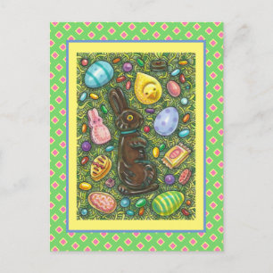 CHOCOLATE EASTER BUNNY, CHICK, EGGS, JELLY BEANS HOLIDAY POSTCARD