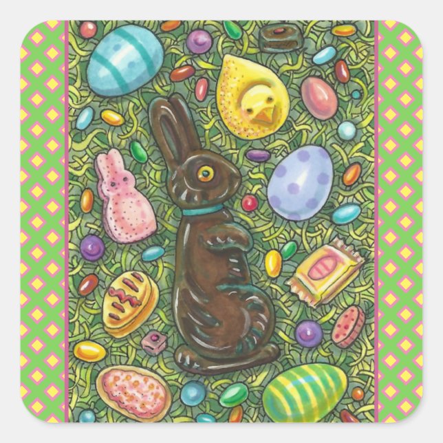 CHOCOLATE EASTER BUNNY, CHICK, EGGS, JELLY BEANS SQUARE STICKER (Front)