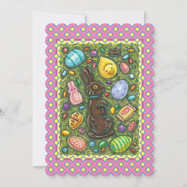CHOCOLATE EASTER BUNNY, CHICK, JELLY BEANS Flat Holiday Card (Front)
