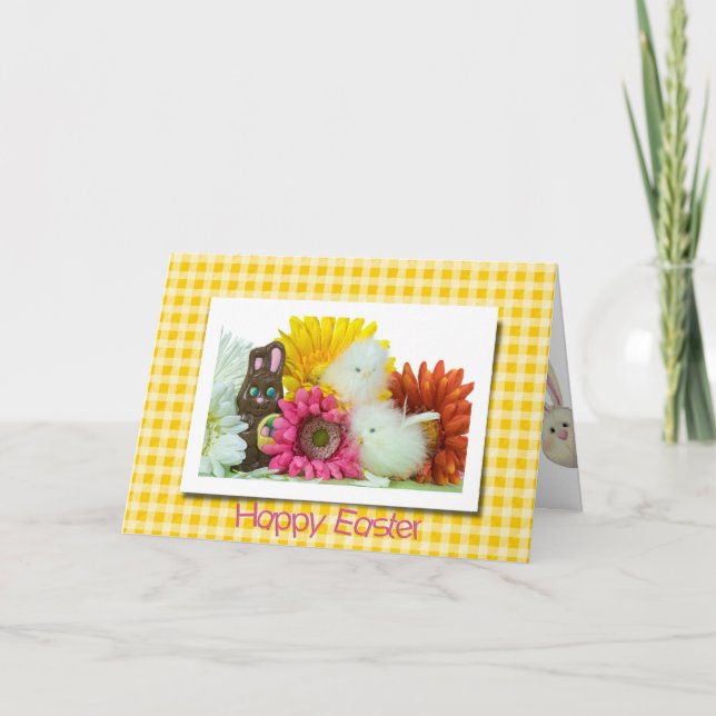 Chocolate Easter Bunny On Gingham Holiday Card (Front)