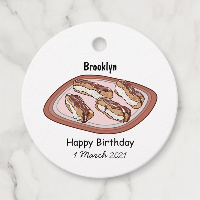 Chocolate eclair cartoon illustration favour tags (Front)