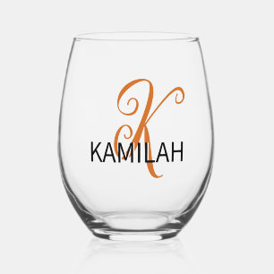 Chocolate Elegant Initial Black Name   Modern  Stemless Wine Glass