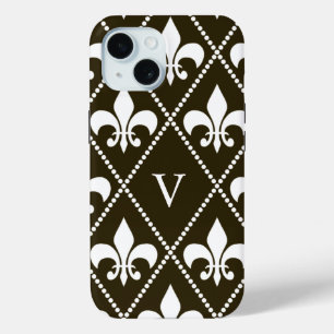 Chocolate Fleur de Lis w/ monogram iPhone 15 Case
