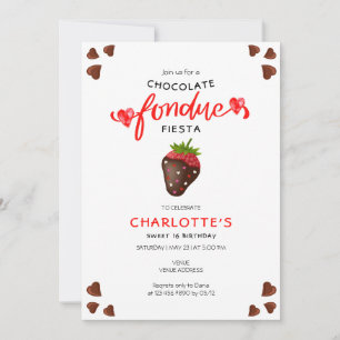 Chocolate Fondue Fiesta Strawberry Hearts Birthday Invitation