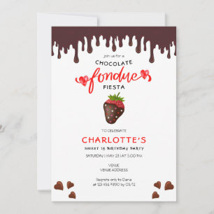 Chocolate Fondue Fiesta Strawberry Hearts Birthday Invitation