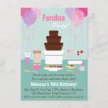 Chocolate Fondue Fountain Girls Birthday Party Invitation<br><div class="desc">What a sweet party celebration! This invitation has a three tier chocolate fondue fountain centrepiece with a variety of dipping items like fruits cut in bite size shapes strawberries, grapes, orange, kiwis, marshmallows, wafer roll, chocolates, cakes and candies. Background of colourful balloons in hues of pink and purple. This design...</div>