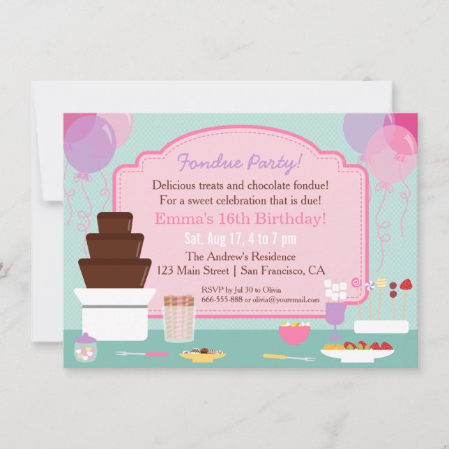 Chocolate Fondue Girls Birthday Party Invitations (Front)
