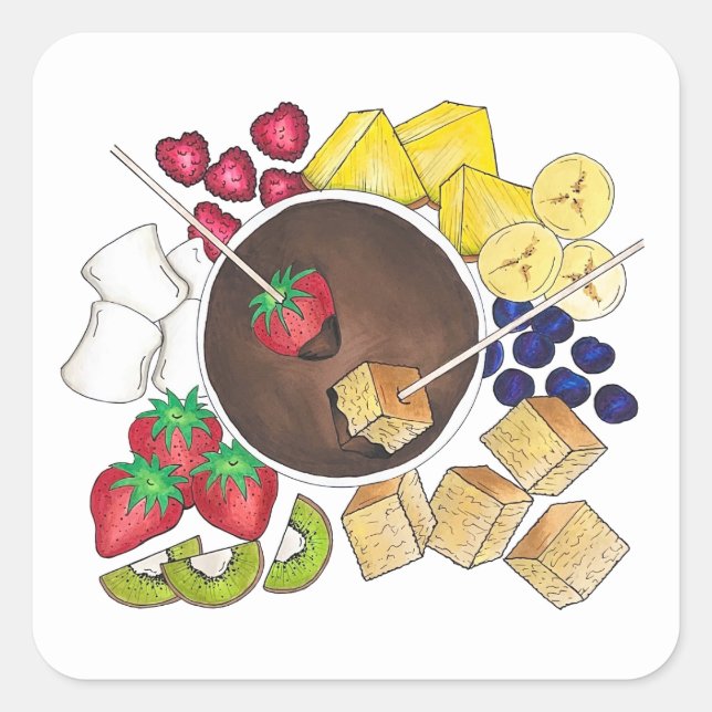 Chocolate Fondue Pot Retro Dessert Food Fruit Cake Square Sticker (Front)