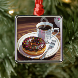 Chocolate Frosted Donut and Coffee Christmas Metal Ornament