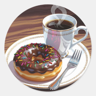 Chocolate Frosted Donut and Coffee  Classic Round Sticker