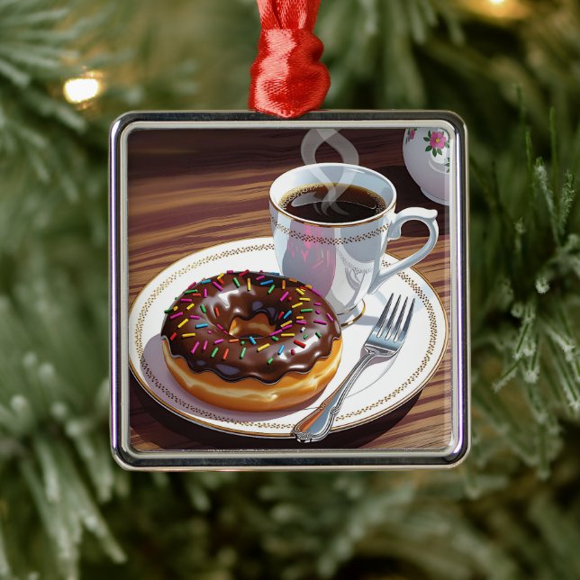 Chocolate Frosted Doughnut and Coffee Christmas Metal Ornament (Tree)