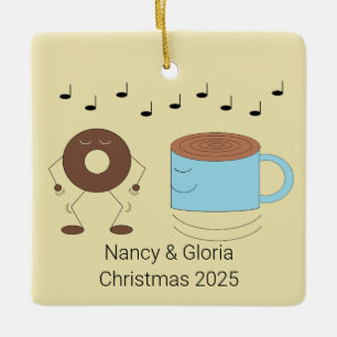 Chocolate Frosted Doughnut & Coffee Mug Dancing: Ceramic Ornament