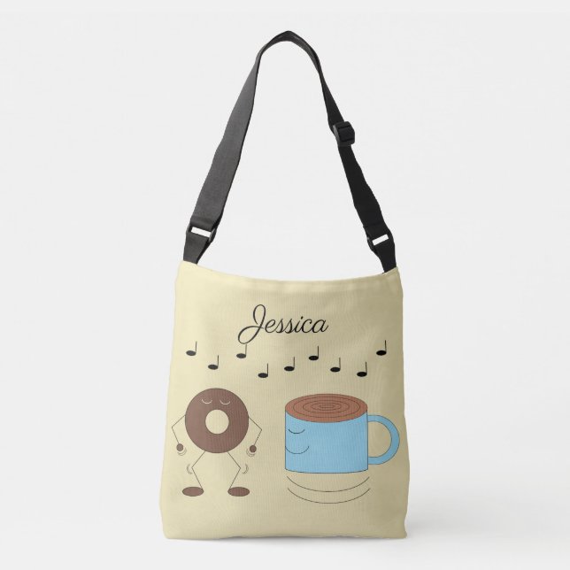Chocolate Frosted Doughnut & Coffee Mug Dancing:  Crossbody Bag (Front)