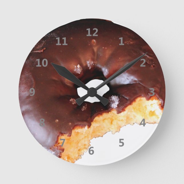 Chocolate Frosted Yellow Cake Doughnut with Bite Round Clock (Front)