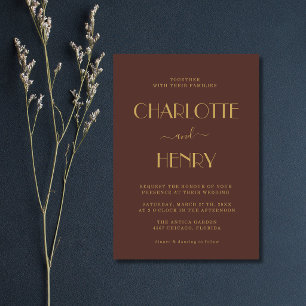 Chocolate & Gold Modern Minimalist Simple Wedding Invitation