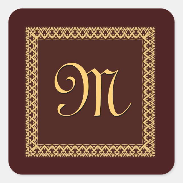 CHOCOLATE & GOLD Ornate Monogram Square Sticker (Front)
