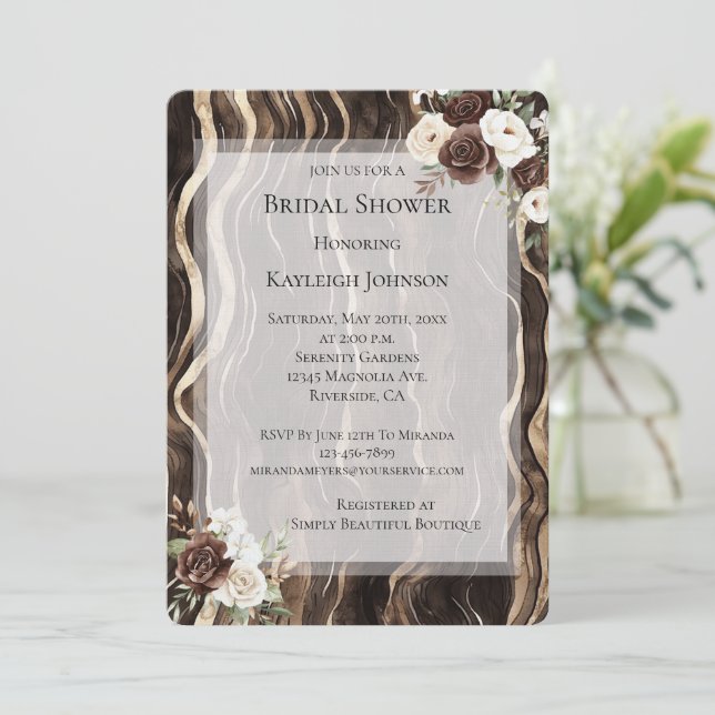 Chocolate Gold Swirls Floral Bridal Shower  Invitation (Standing Front)