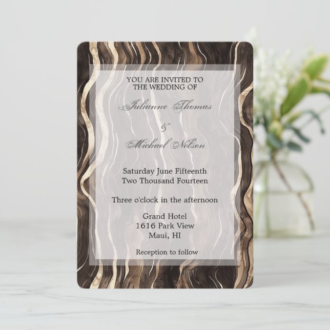 Chocolate Gold Swirls Floral Wedding Invitation (Standing Front)