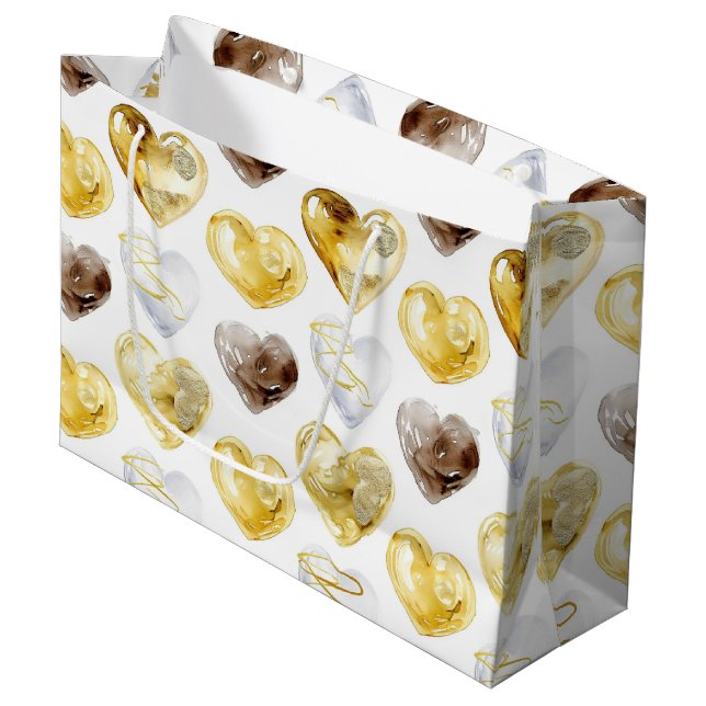 Chocolate Gold White Hearts Birthday Large Gift Bag (Front Angled)