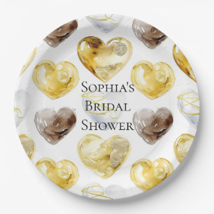 Chocolate Gold White Hearts Bridal Shower Paper Plate