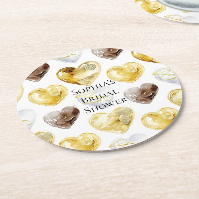 Chocolate Gold White Hearts Bridal Shower Round Paper Coaster (Angled)