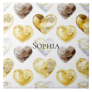Chocolate Gold White Hearts   Ceramic Tile