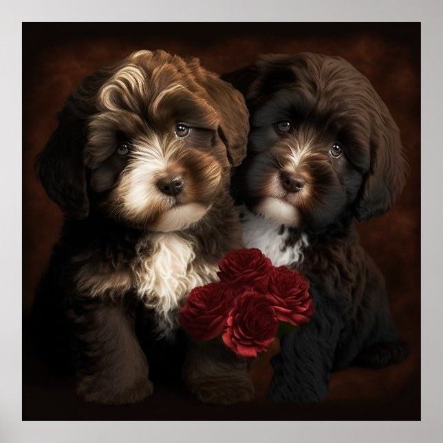 Chocolate Havanese Puppies Wall Print by HavaHug  (Front)