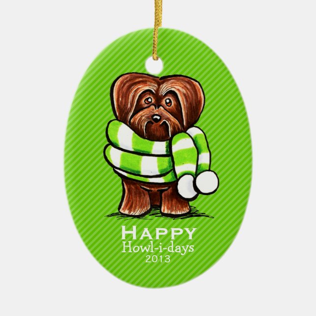 Chocolate Havanese Scarf Christmas Stripe Custom Ceramic Ornament (Front)