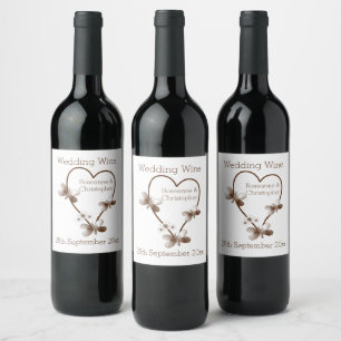 Chocolate Heart And Butterflies Design Wedding Wine Label
