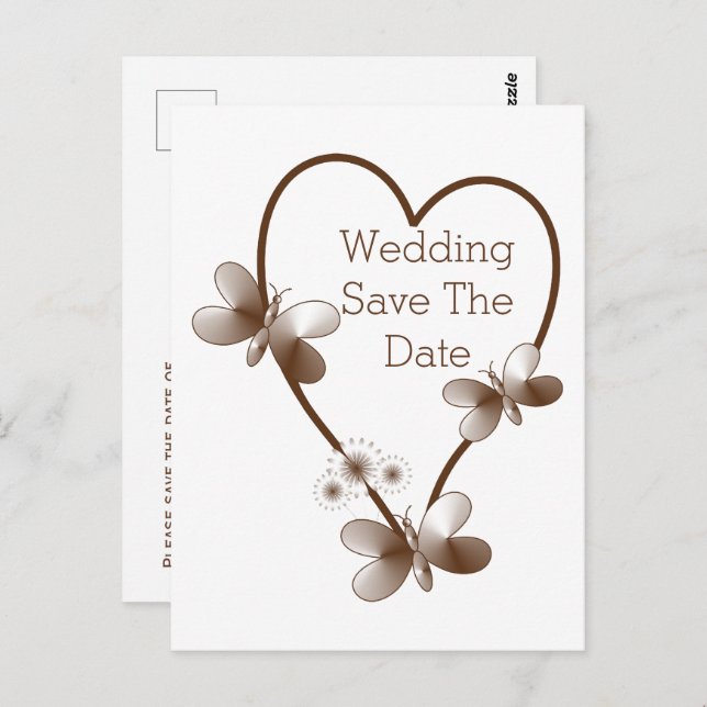 Chocolate Heart And Butterflies Save The Date Postcard (Front/Back)