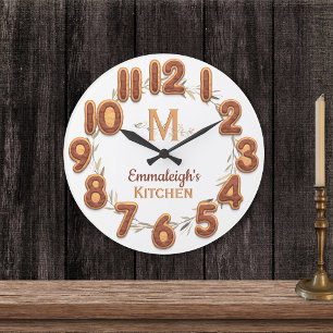 Chocolate Iced Cookie Number Botanical Monogram Large Clock